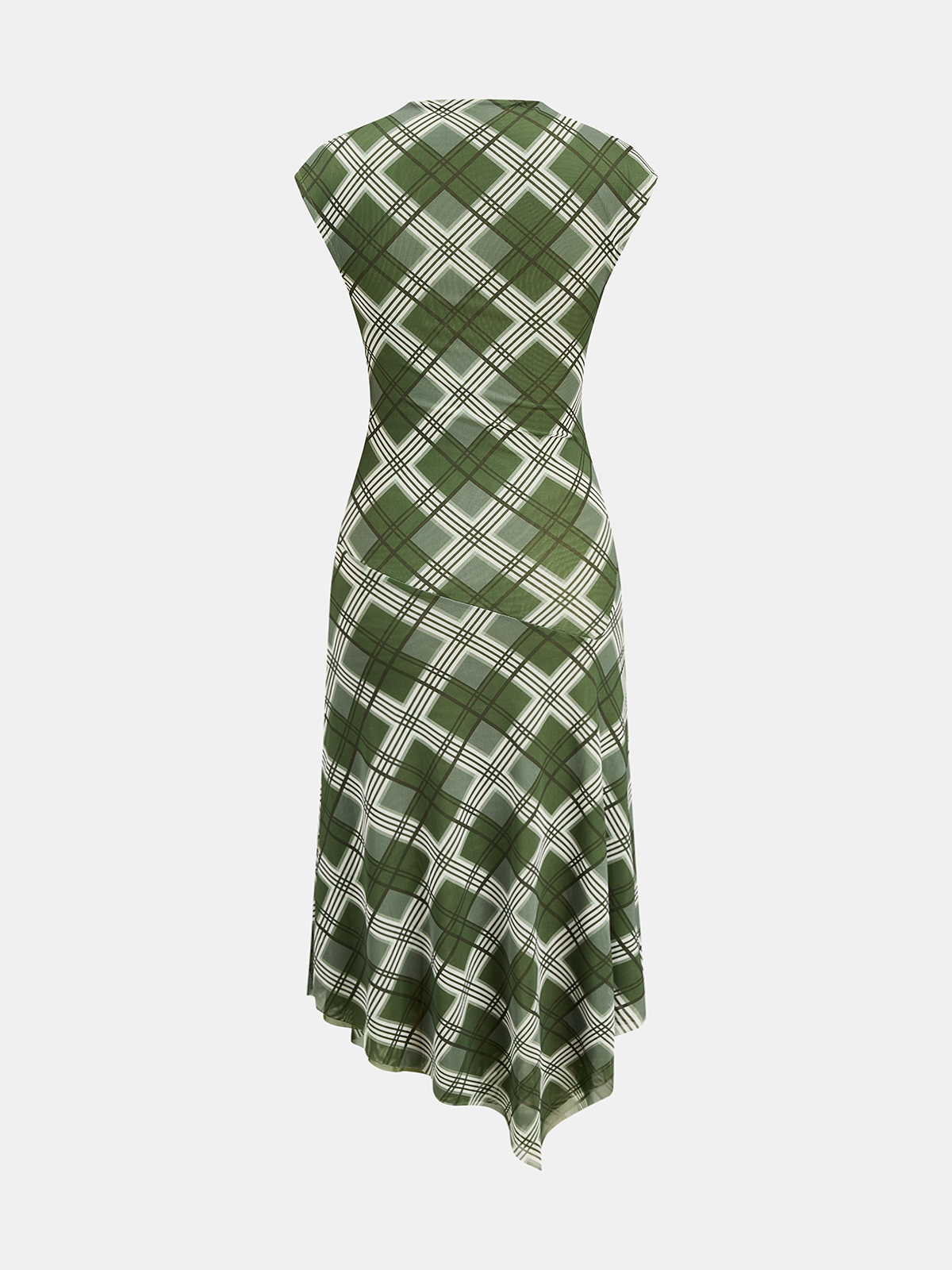 Cuadros malla Drapeado cuello Asimétrico Vestido midi