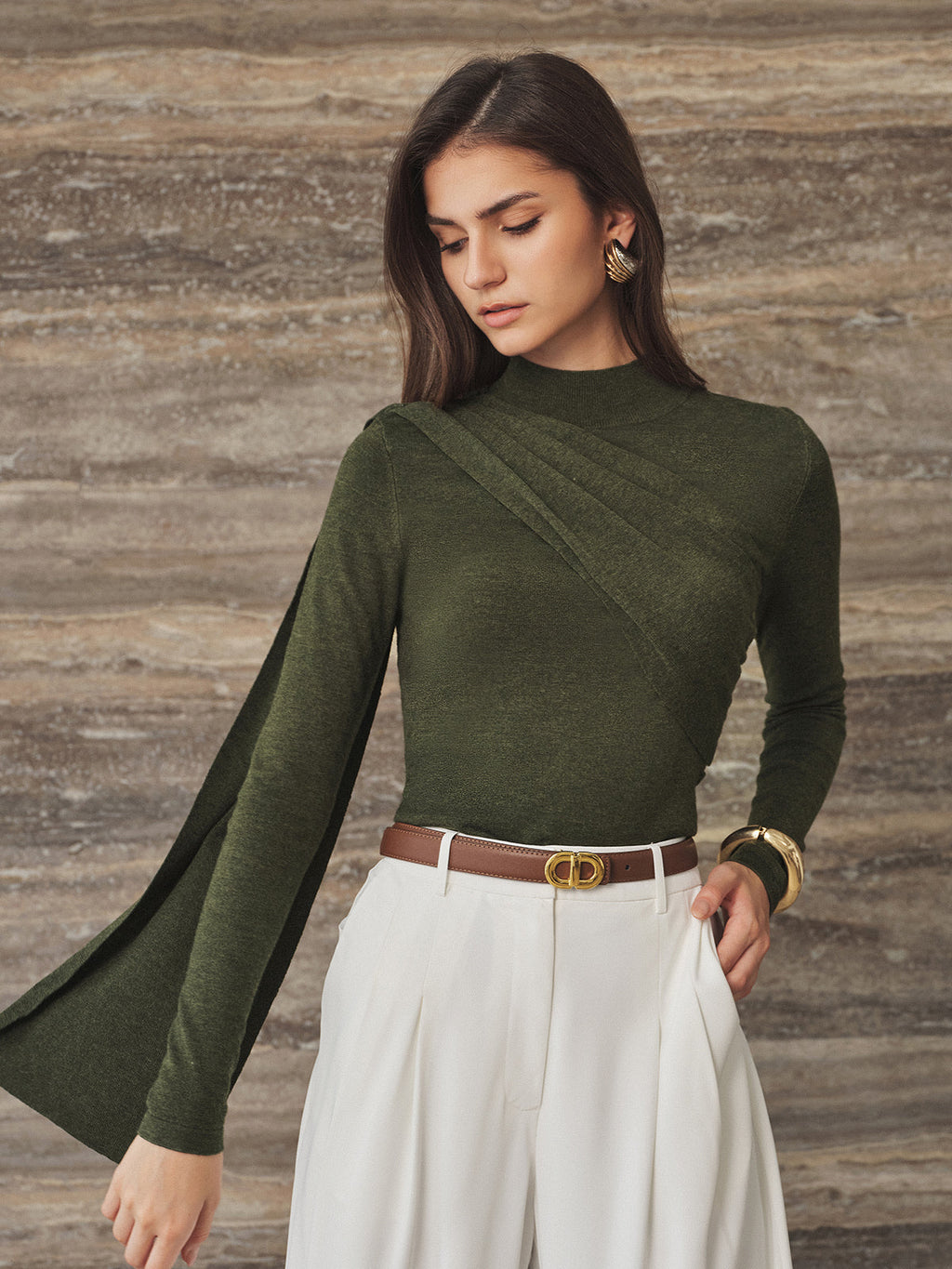 Drapeado Sash Detalle Cuello Alto Slim Punto Top