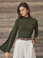 Drapeado Sash Detalle Cuello Alto Slim Punto Top