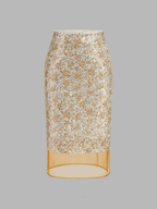 Lentejuelas Floral malla bajo midi Lápiz Falda