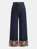 Floral Cuff Turn-Up Pierna Ancha Jeans