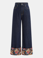 Floral Cuff Turn-Up Pierna Ancha Jeans