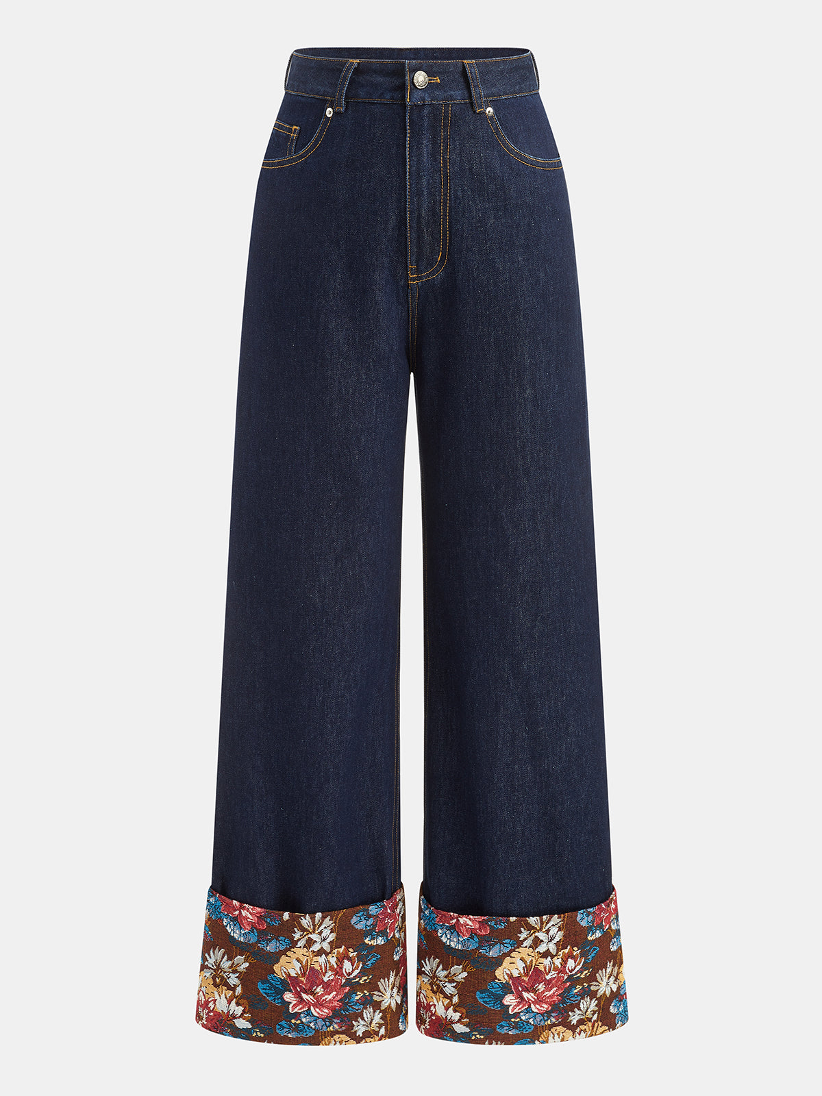 Floral Cuff Turn-Up Pierna Ancha Jeans