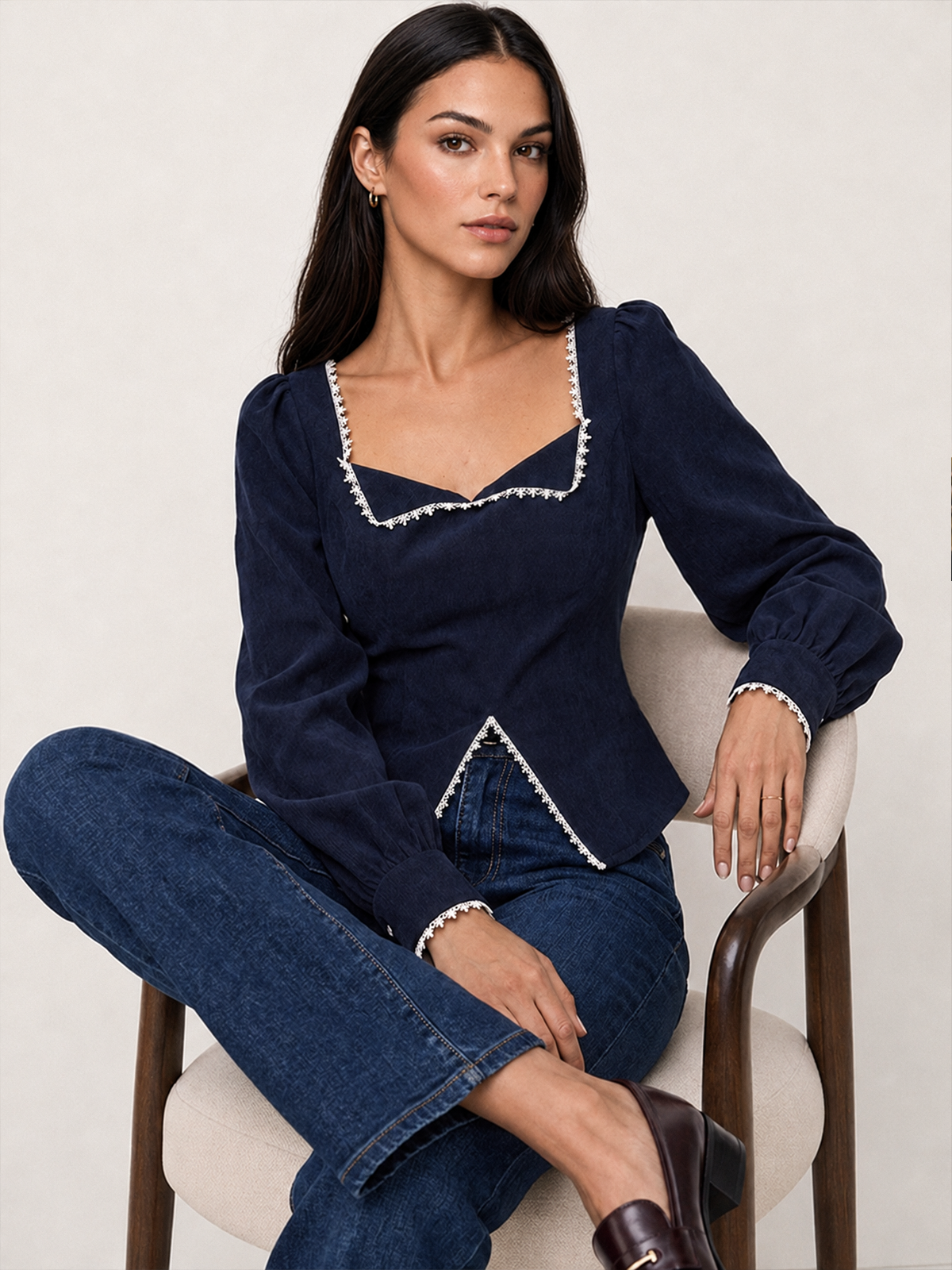 Encaje-ribete Smocked-espalda Corduroy Blusa