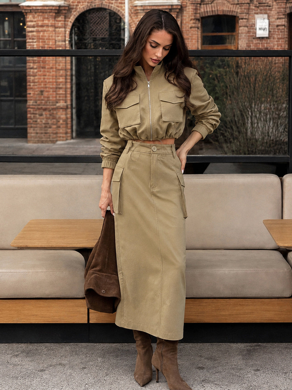 Cropped Chaqueta midi Falda Cargo Co-ord Set