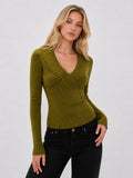 Cruzado-V cuello Ribbed ribete Fitted Punto Top