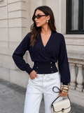 Cruzado-Escote V Cinched Punto Blusa