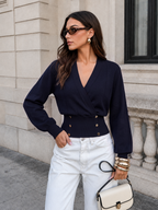 Cruzado-Escote V Cinched Punto Blusa