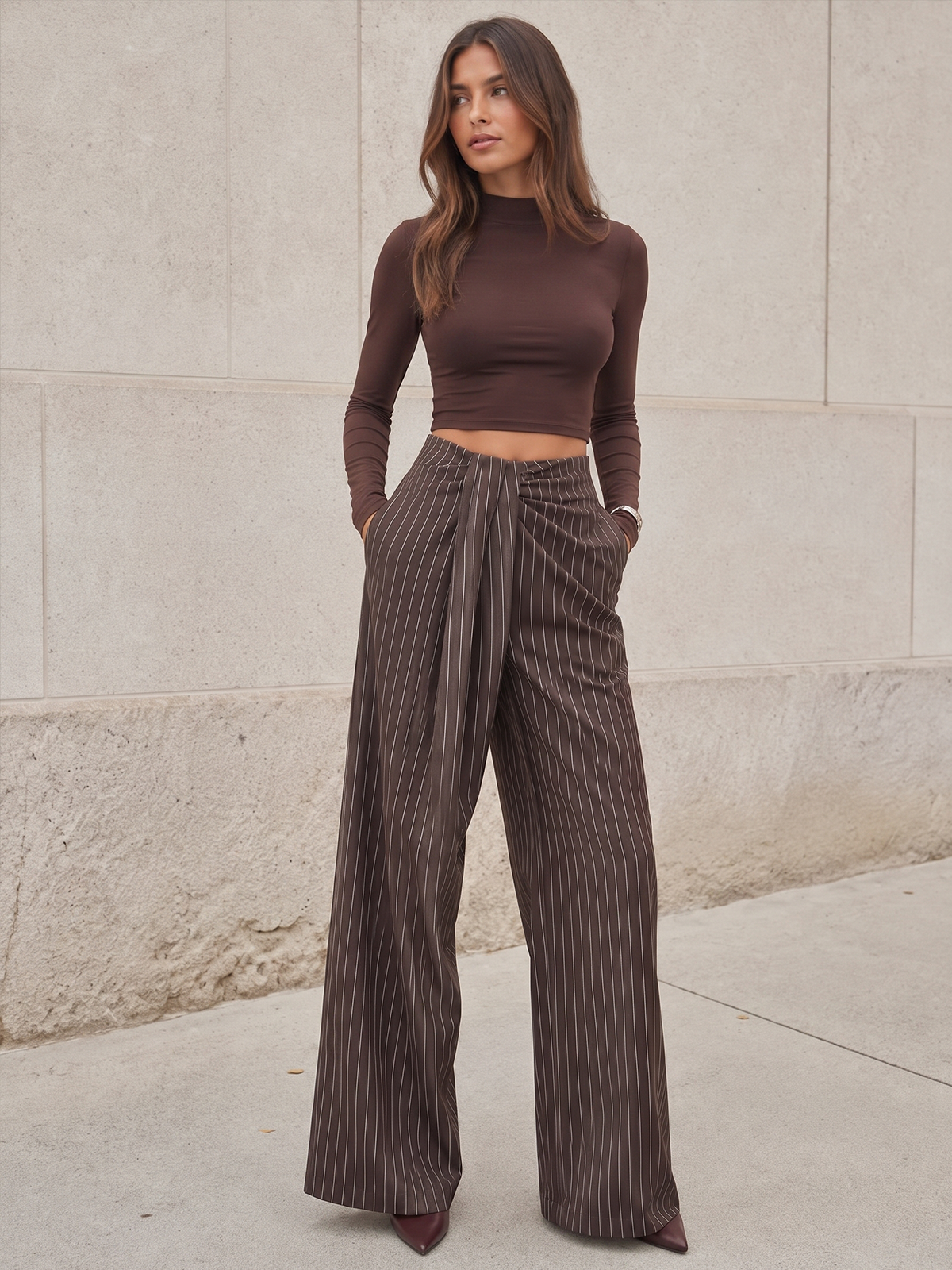Twisted cintura Pinstripe Pierna Ancha Pantalón