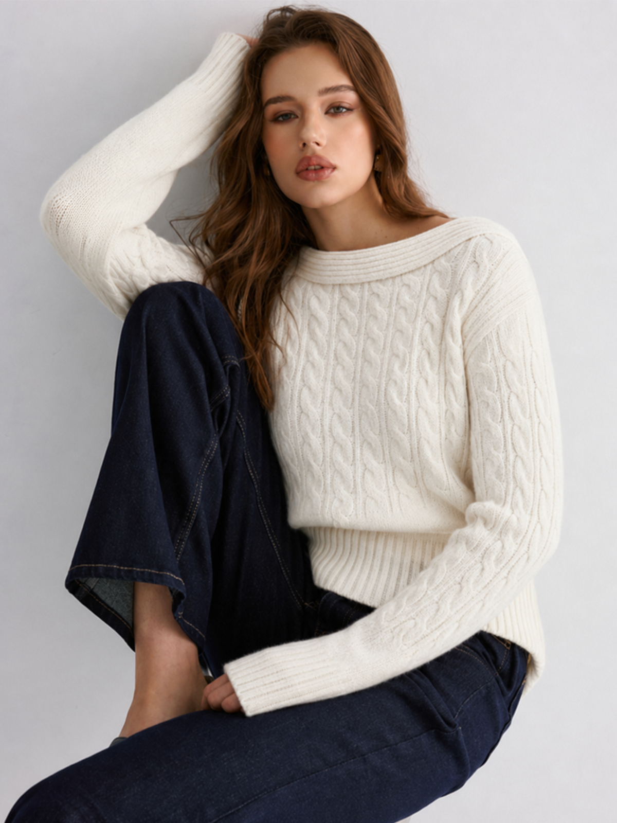 Fold-Over Mezcla de Lana Cable Punto jersey