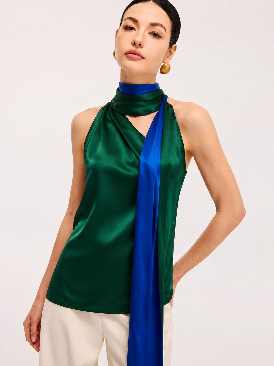Contraste Color Satinado Bufanda Top