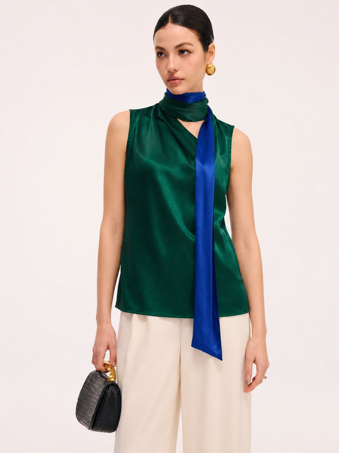 Contraste Color Satinado Bufanda Top