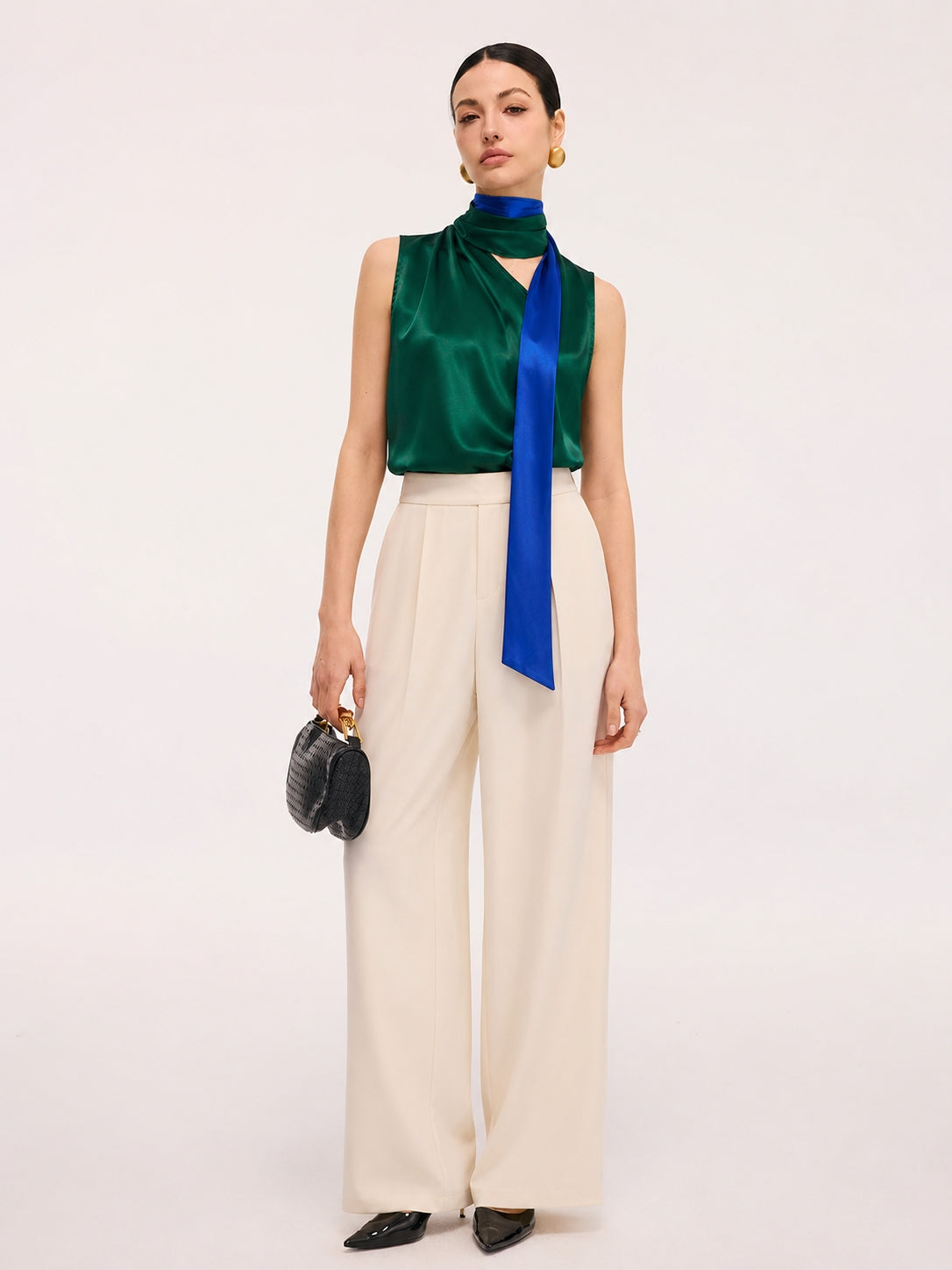 Contraste Color Satinado Bufanda Top