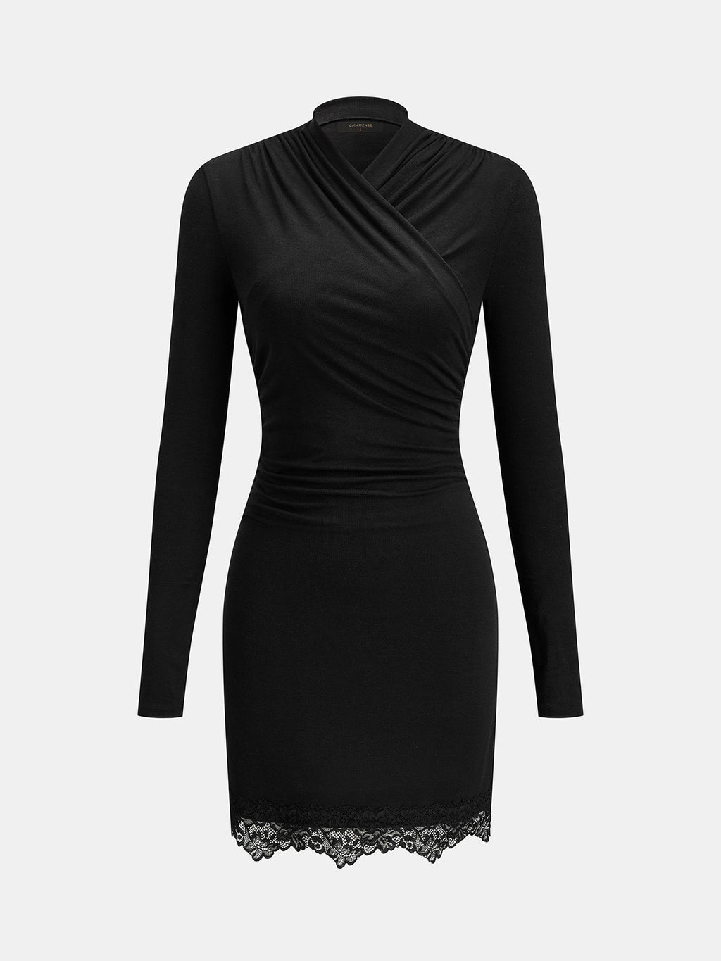 Surplice Fruncido Manga Larga Encaje-bajo Minivestido