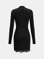 Surplice Fruncido Manga Larga Encaje-bajo Minivestido