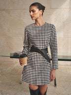 Wide Lazo Belt Houndstooth Minivestido