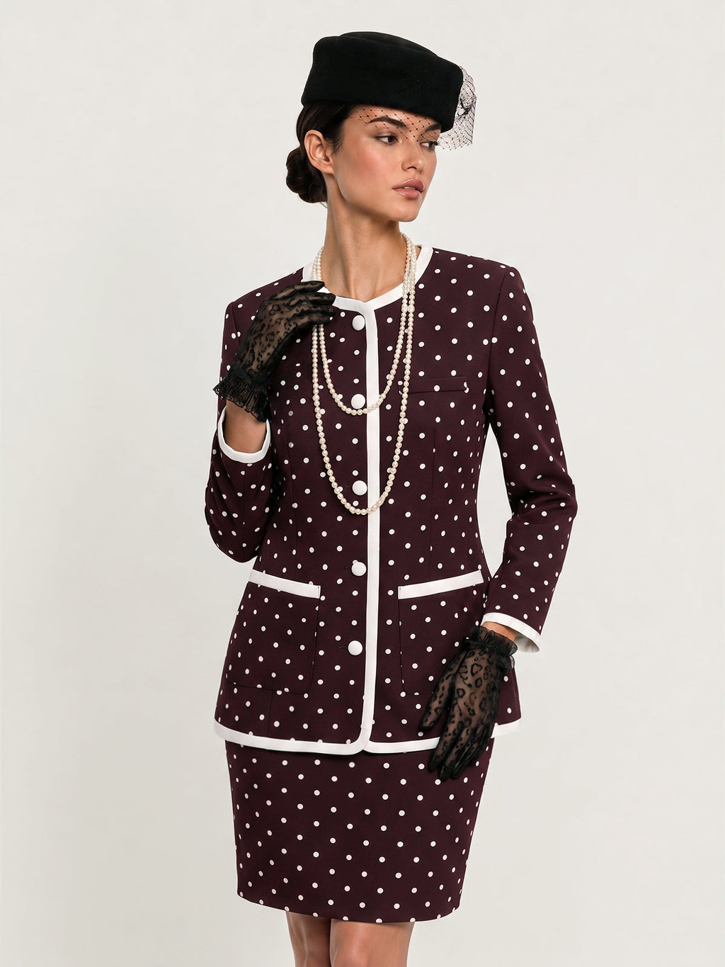 Polka-Dot Contraste-ribete Chaqueta mini Falda Set