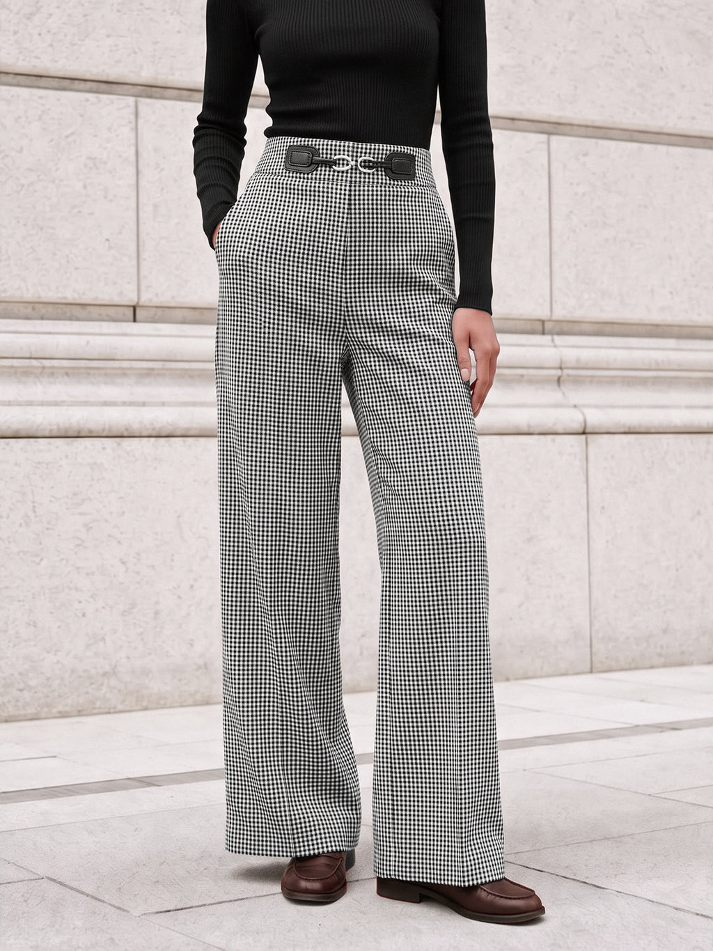 Gingham Metálico-Hebilla Pierna Ancha Pantalón
