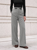 Gingham Metálico-Hebilla Pierna Ancha Pantalón