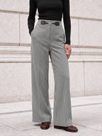 Gingham Metálico-Hebilla Pierna Ancha Pantalón