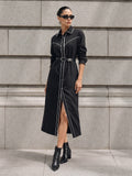 Contraste Piping con Cinturón Camisa Vestido Largo
