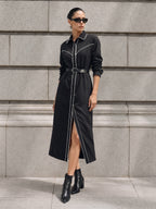 Contraste Piping con Cinturón Camisa Vestido Largo