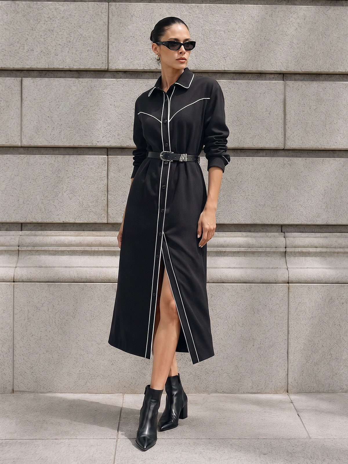 Contraste Piping con Cinturón Camisa Vestido Largo