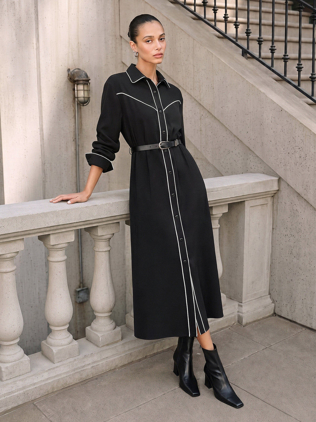 Contraste Piping con Cinturón Camisa Vestido Largo
