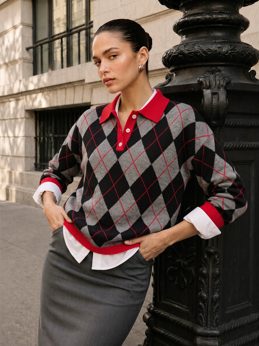 Contraste Polo cuello Argyle Mezcla de Lana jersey