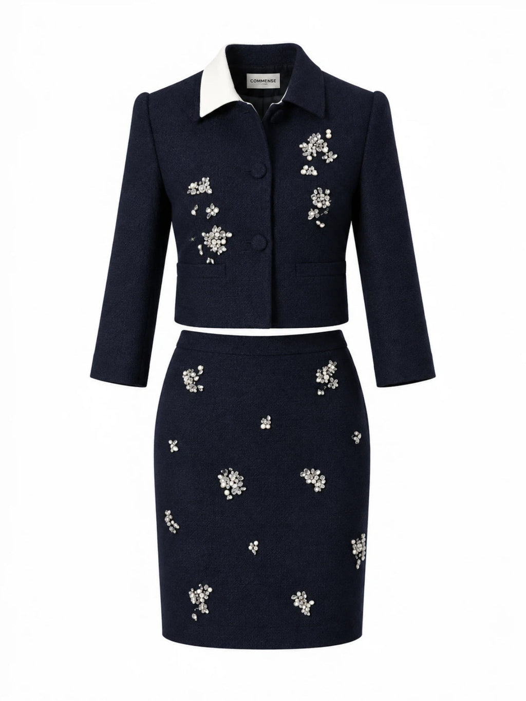 Pedrería Cropped Chaqueta Lápiz Falda Set
