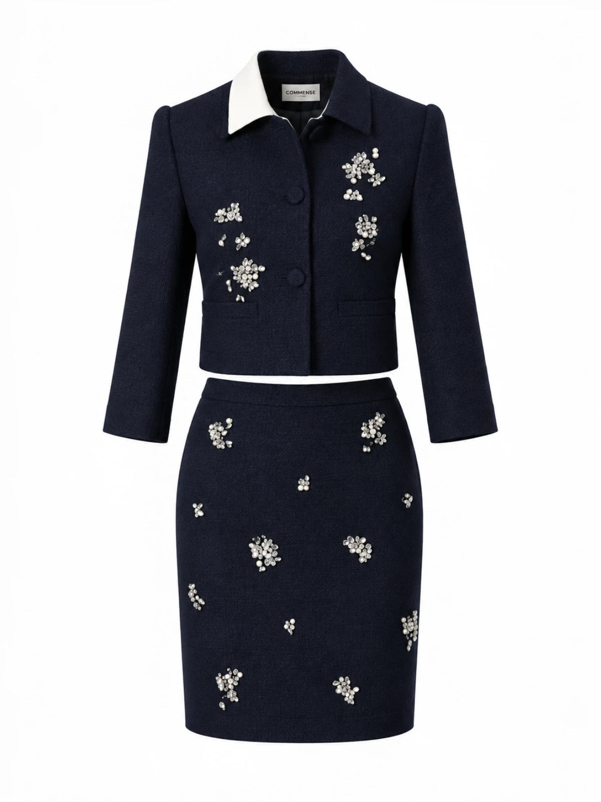 Pedrería Cropped Chaqueta Lápiz Falda Set