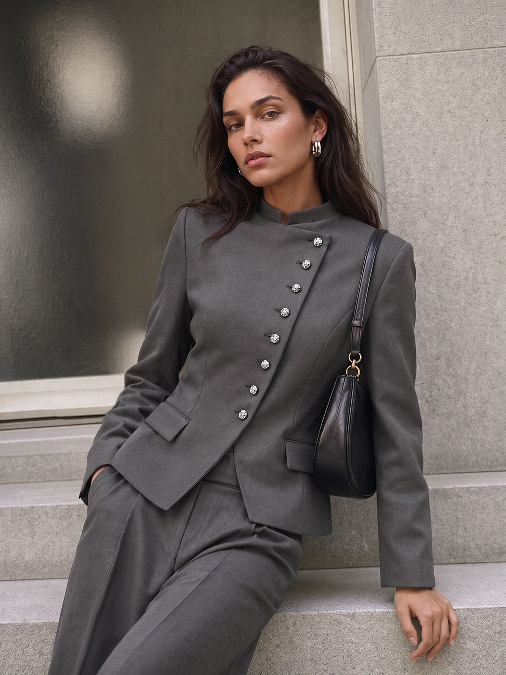 Alto cuello Asimétrico botón Tailored Chaqueta