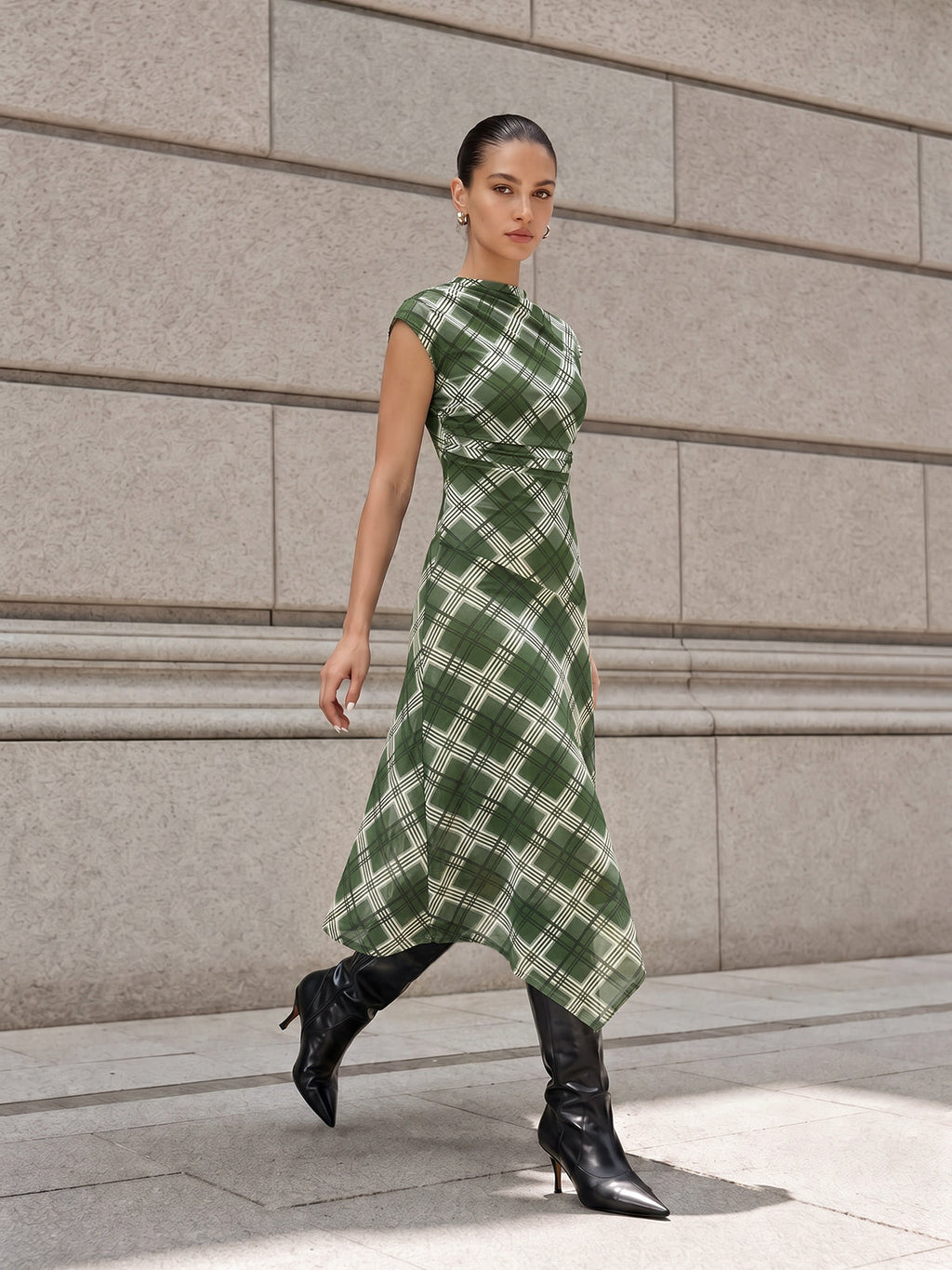 Cuadros malla Drapeado cuello Asimétrico Vestido midi