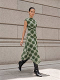 Cuadros malla Drapeado cuello Asimétrico Vestido midi