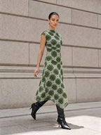 Cuadros malla Drapeado cuello Asimétrico Vestido midi