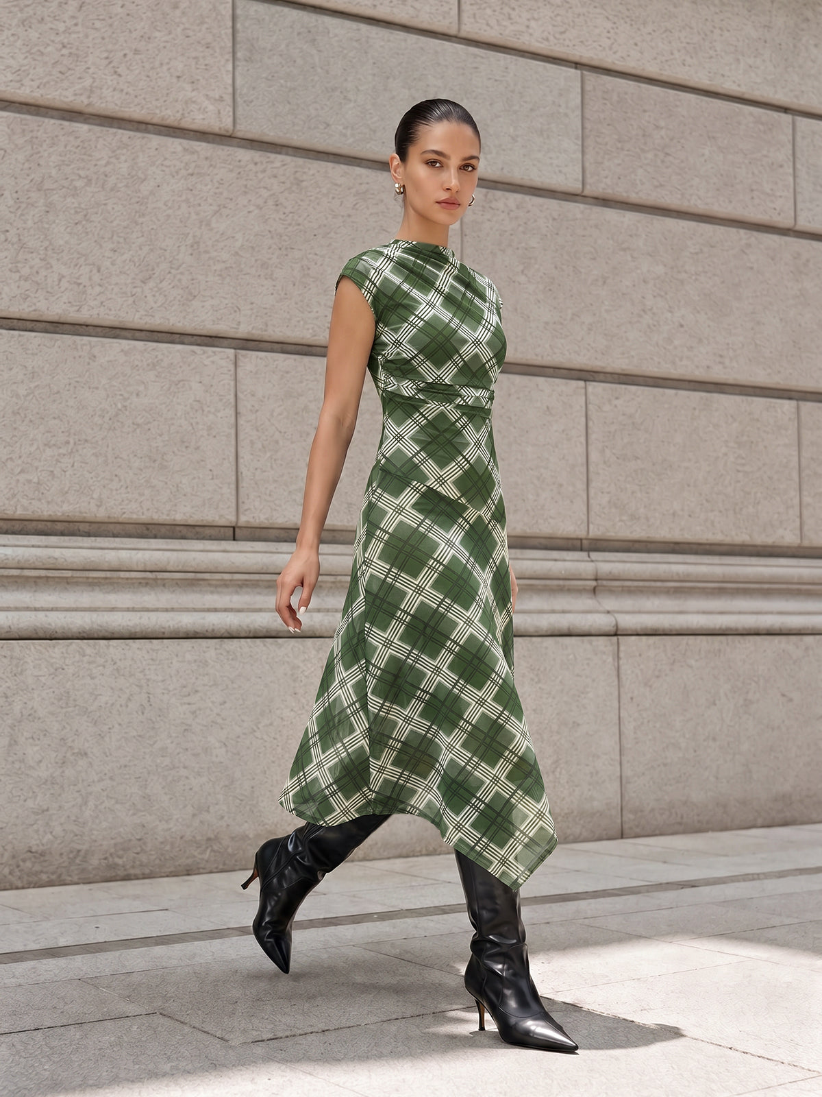 Cuadros malla Drapeado cuello Asimétrico Vestido midi