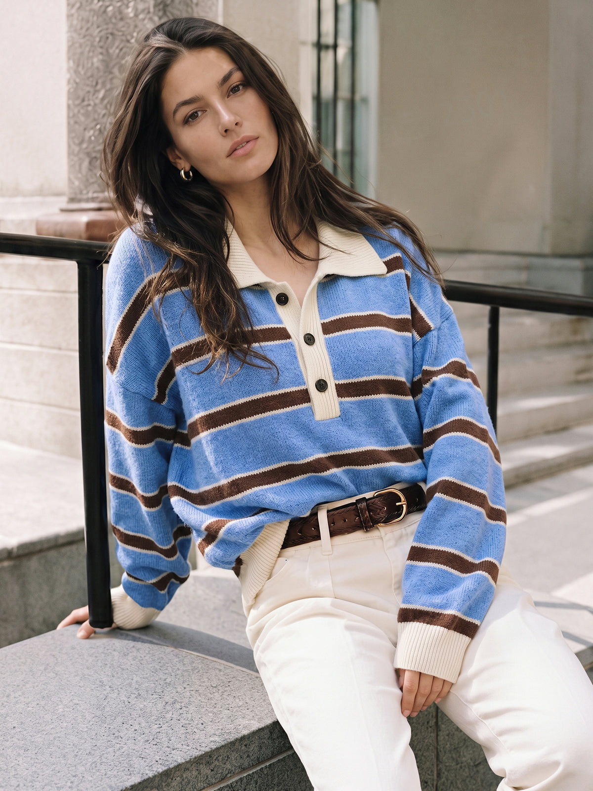Color Block Rayas con Cuello Fluido Punto jersey