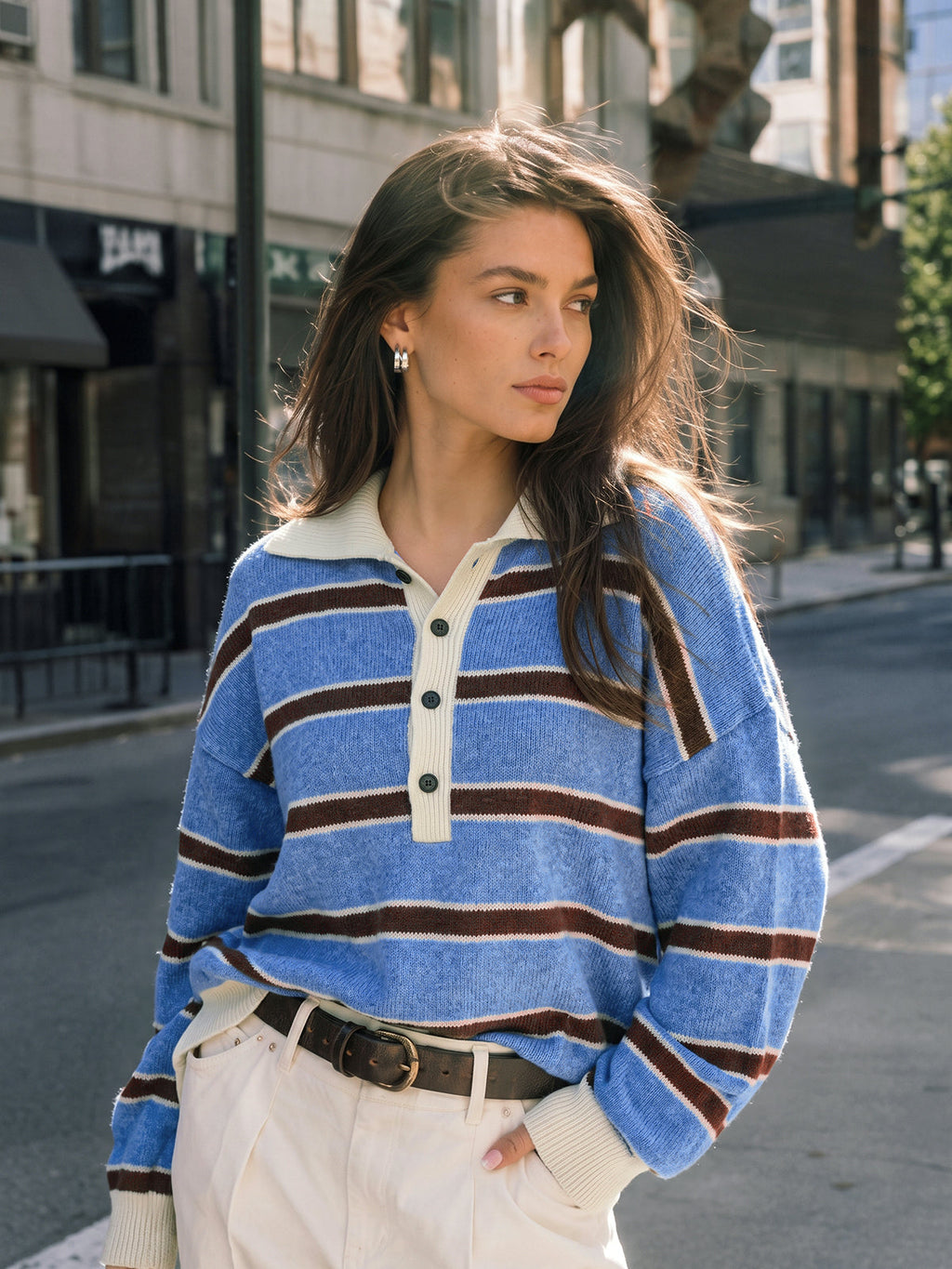 Color Block Rayas con Cuello Fluido Punto jersey