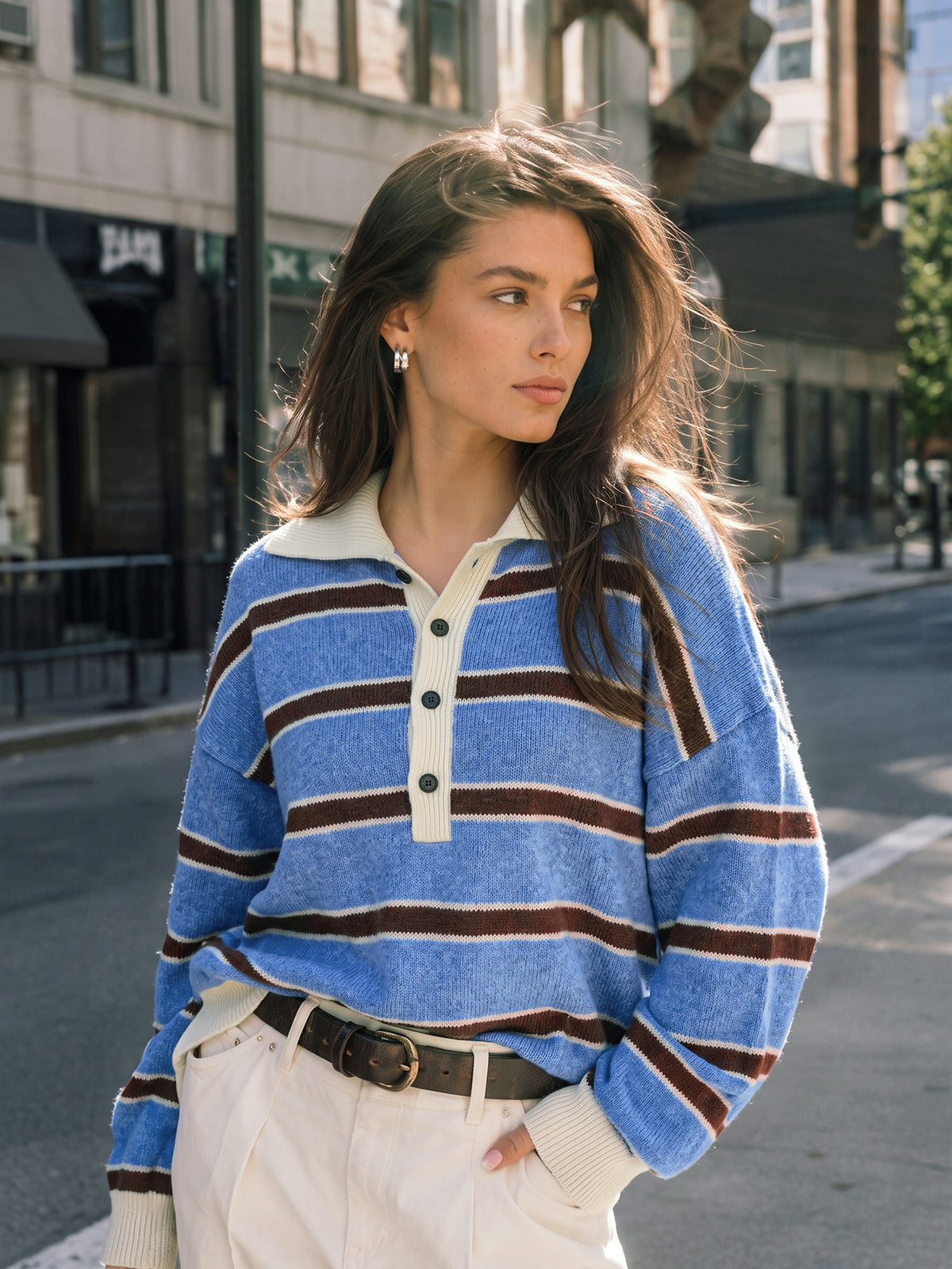 Color Block Rayas con Cuello Fluido Punto jersey