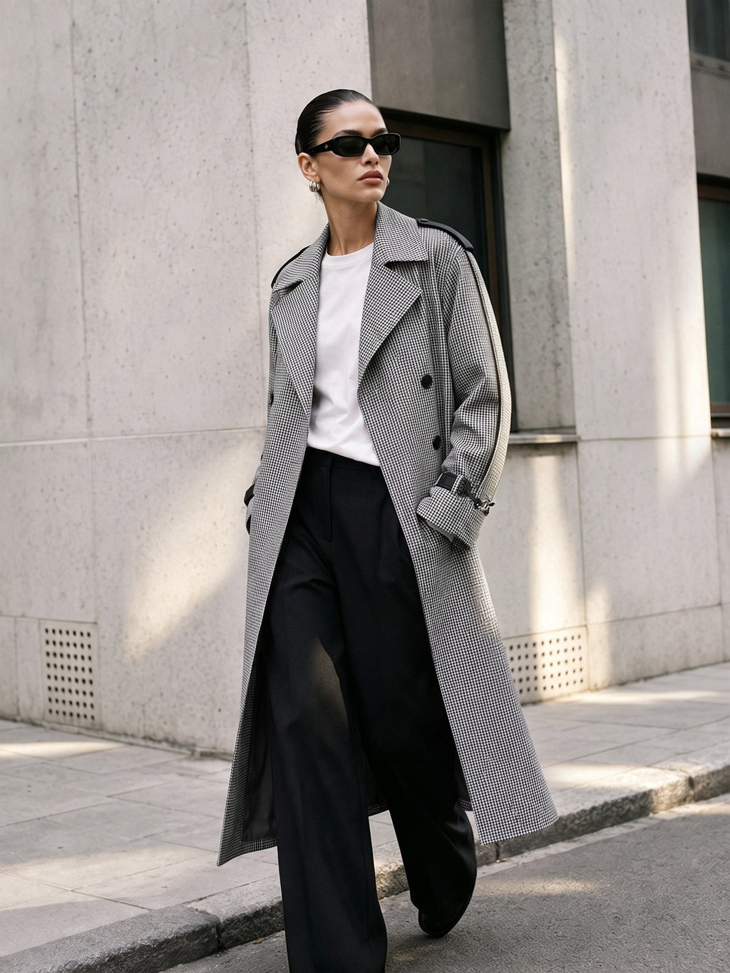 Cruzado Gingham con Cinturón Long Gabardina Abrigo