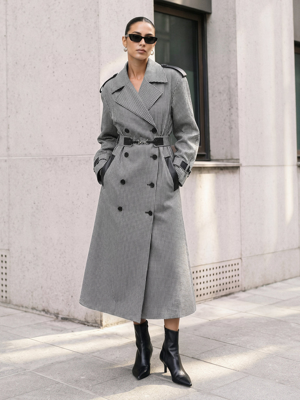 Cruzado Gingham con Cinturón Long Gabardina Abrigo
