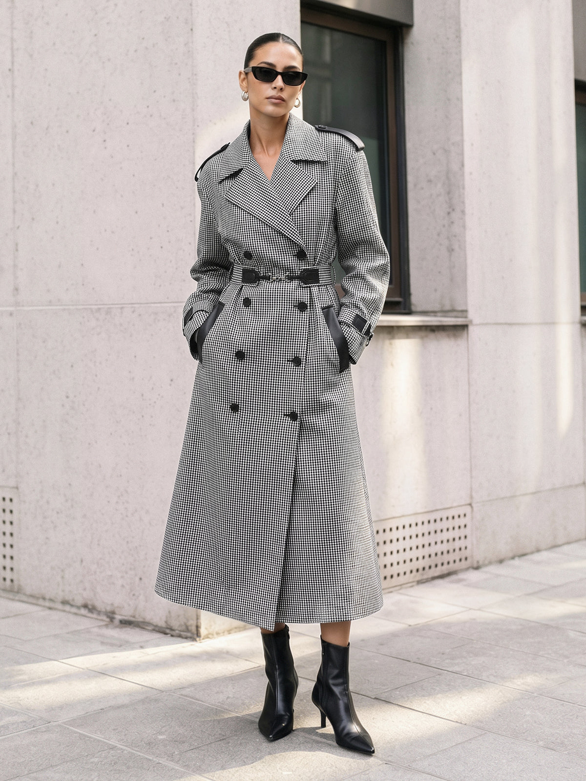 Cruzado Gingham con Cinturón Long Gabardina Abrigo