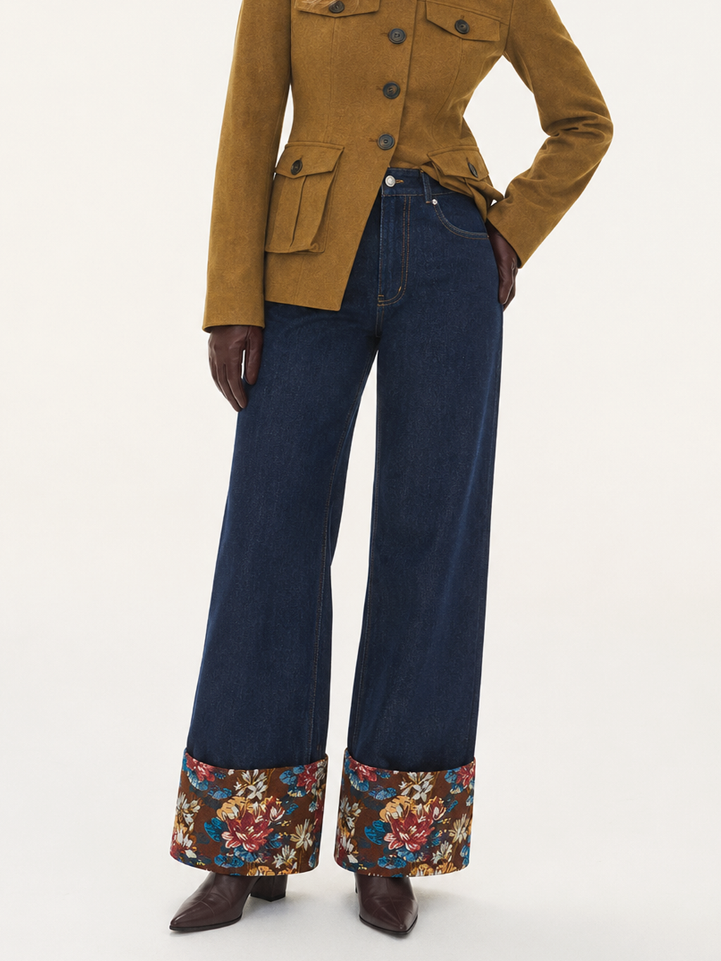 Floral Cuff Turn-Up Pierna Ancha Jeans