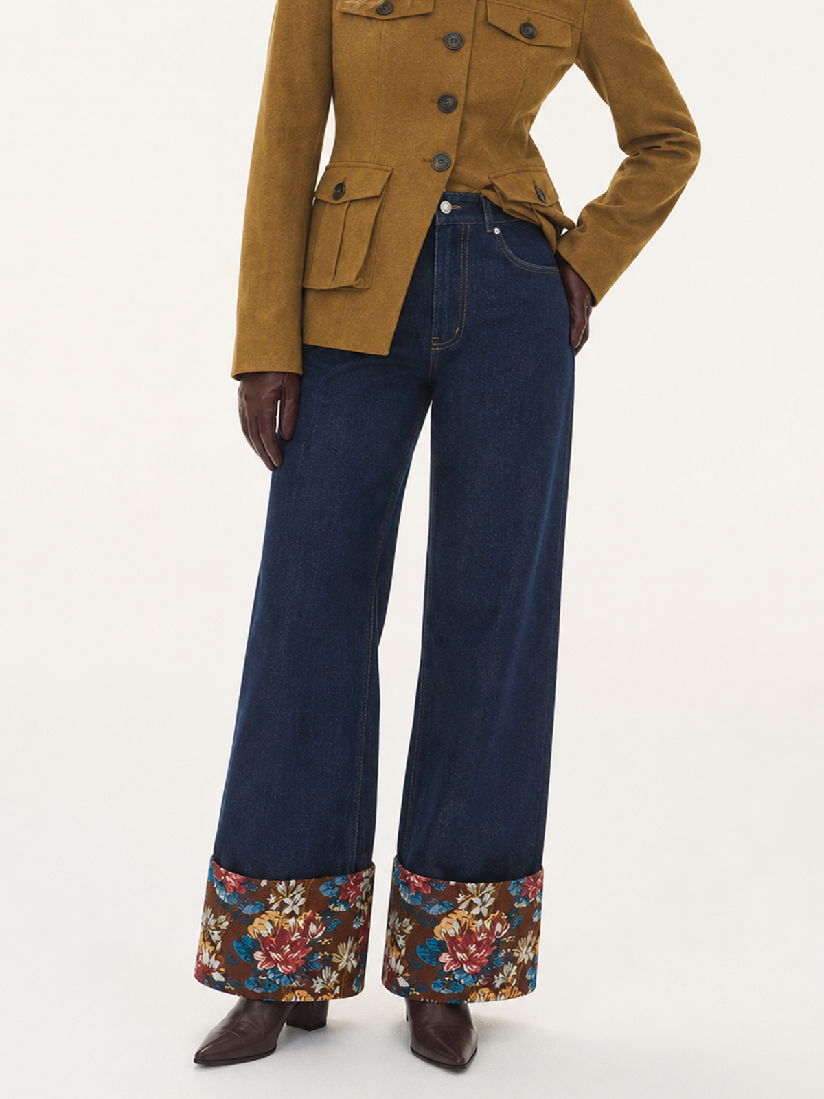Floral Cuff Turn-Up Pierna Ancha Jeans