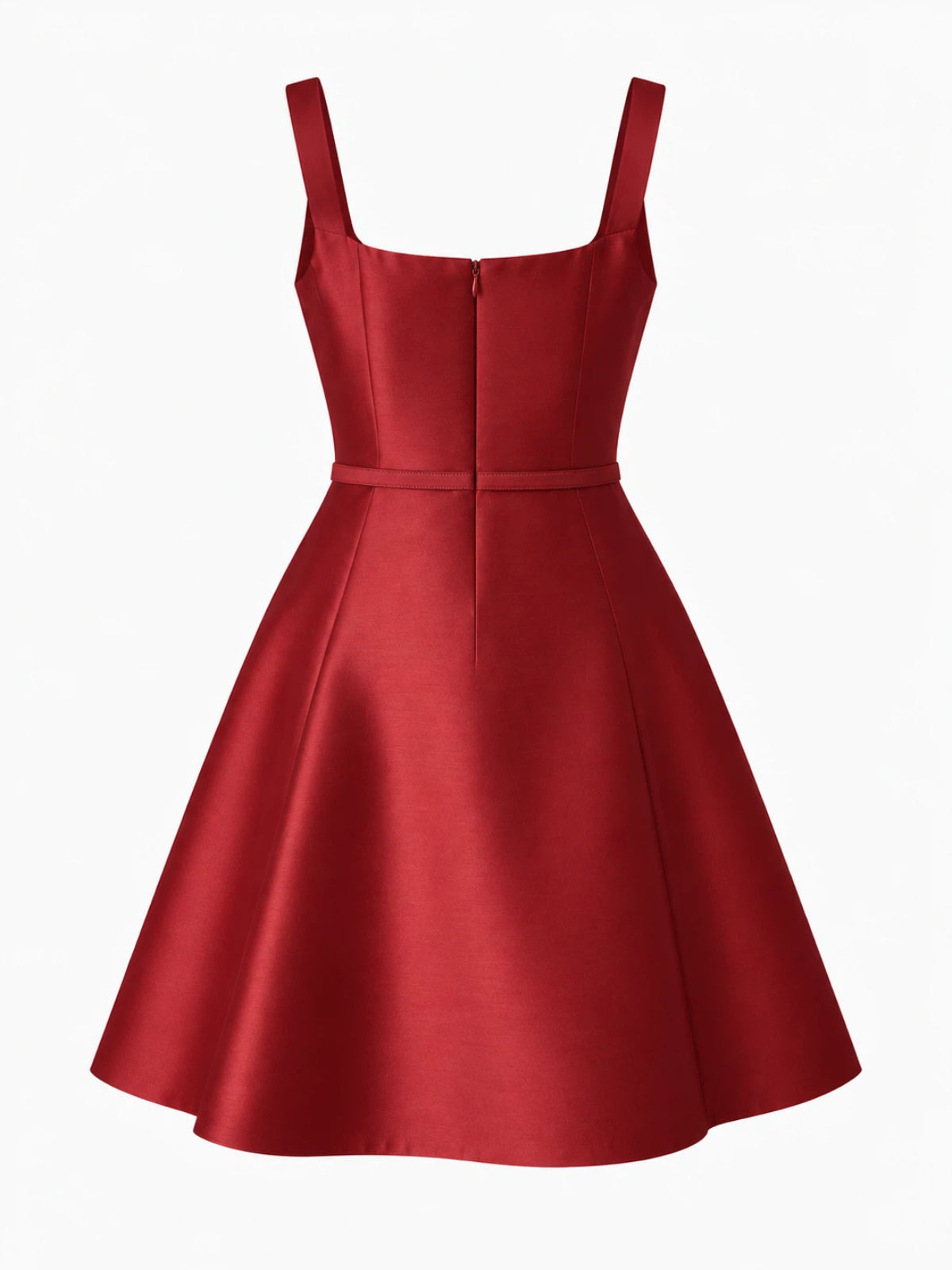 Brooch Strap Satinado Lazo-cintura Flare Minivestido