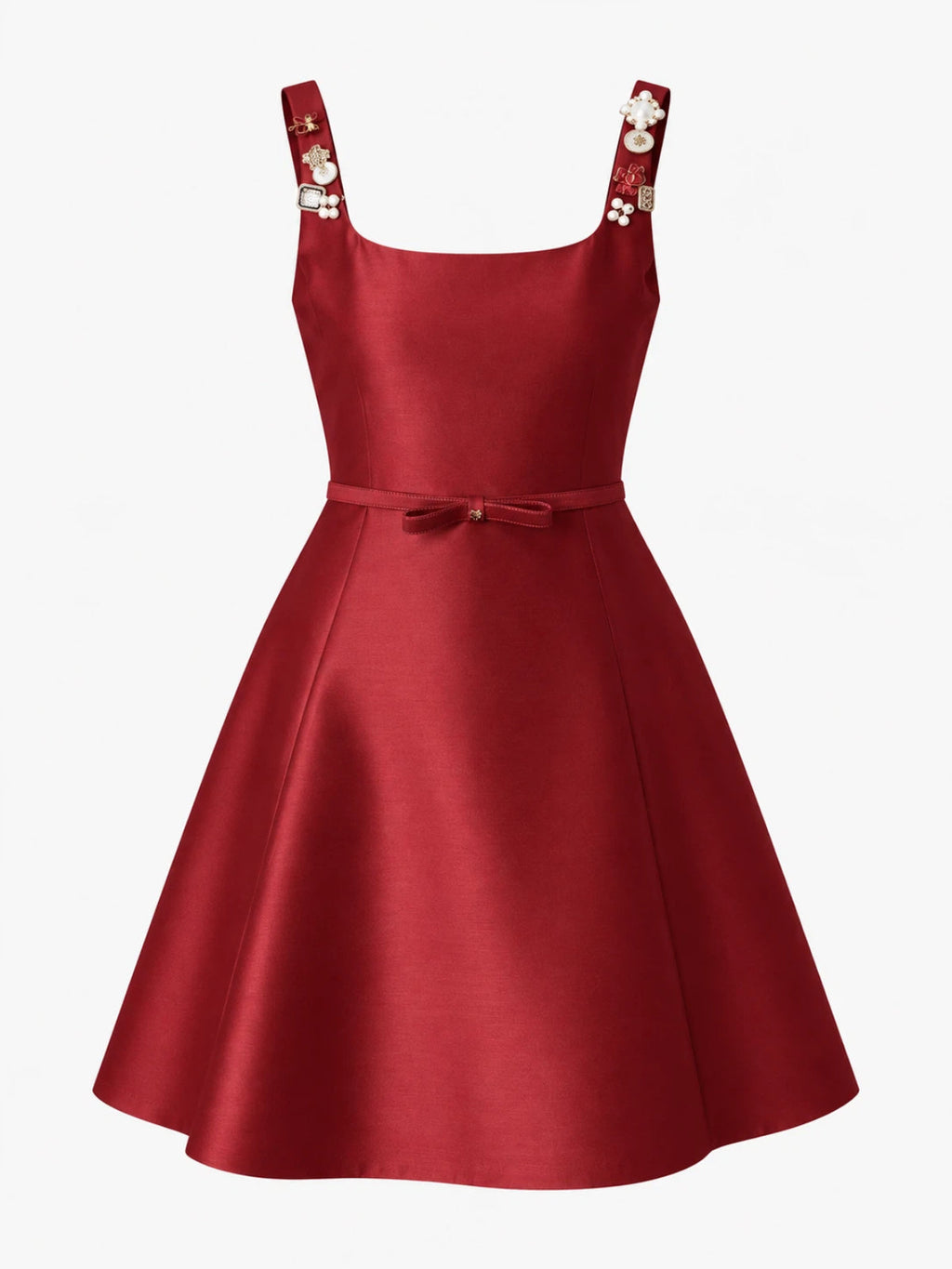 Brooch Strap Satinado Lazo-cintura Flare Minivestido