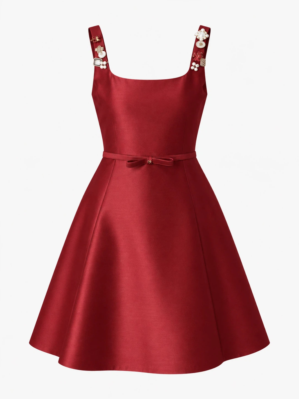 Brooch Strap Satinado Lazo-cintura Flare Minivestido