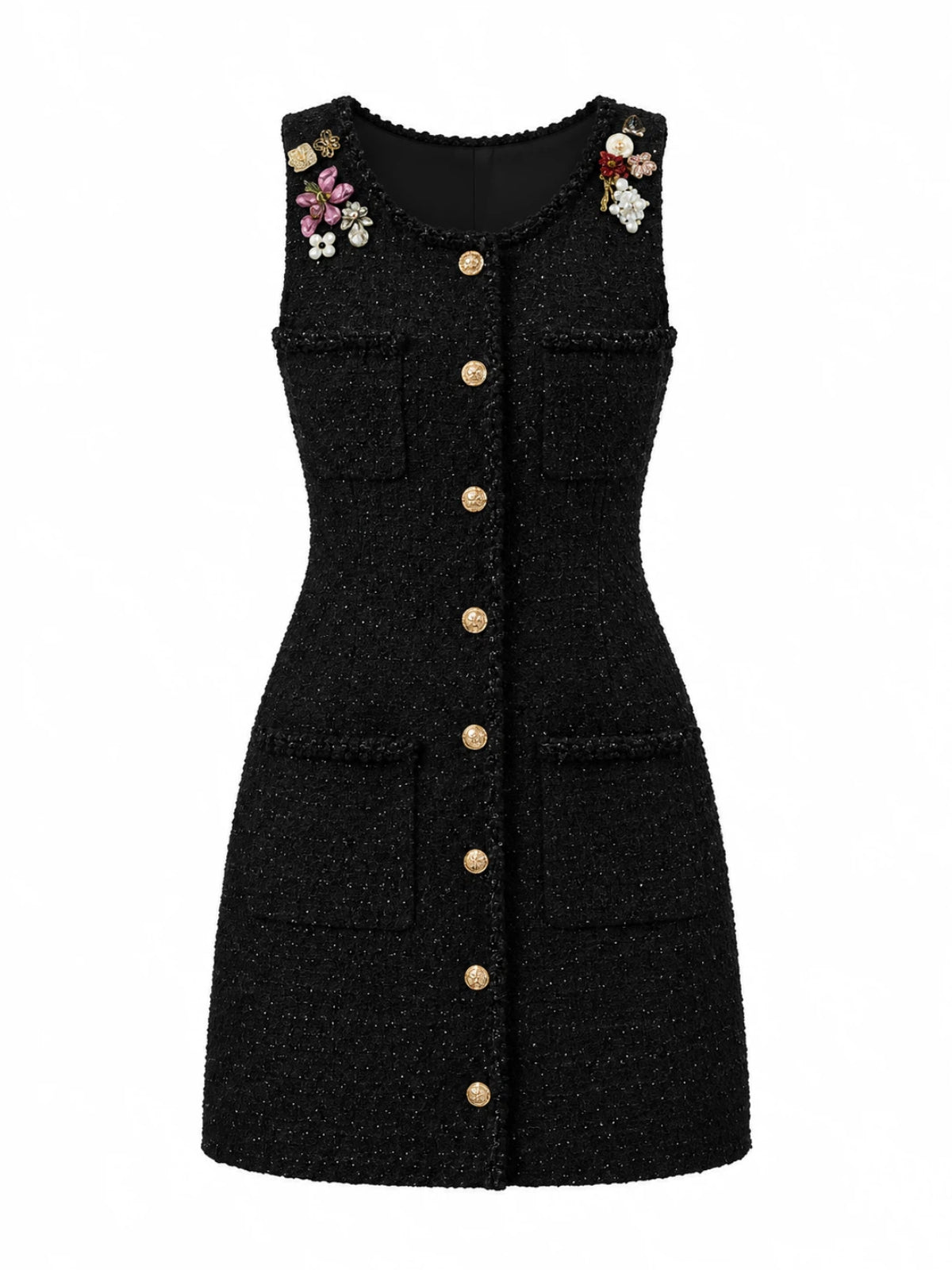 Floral Brooch Tweed Sin Mangas Minivestido