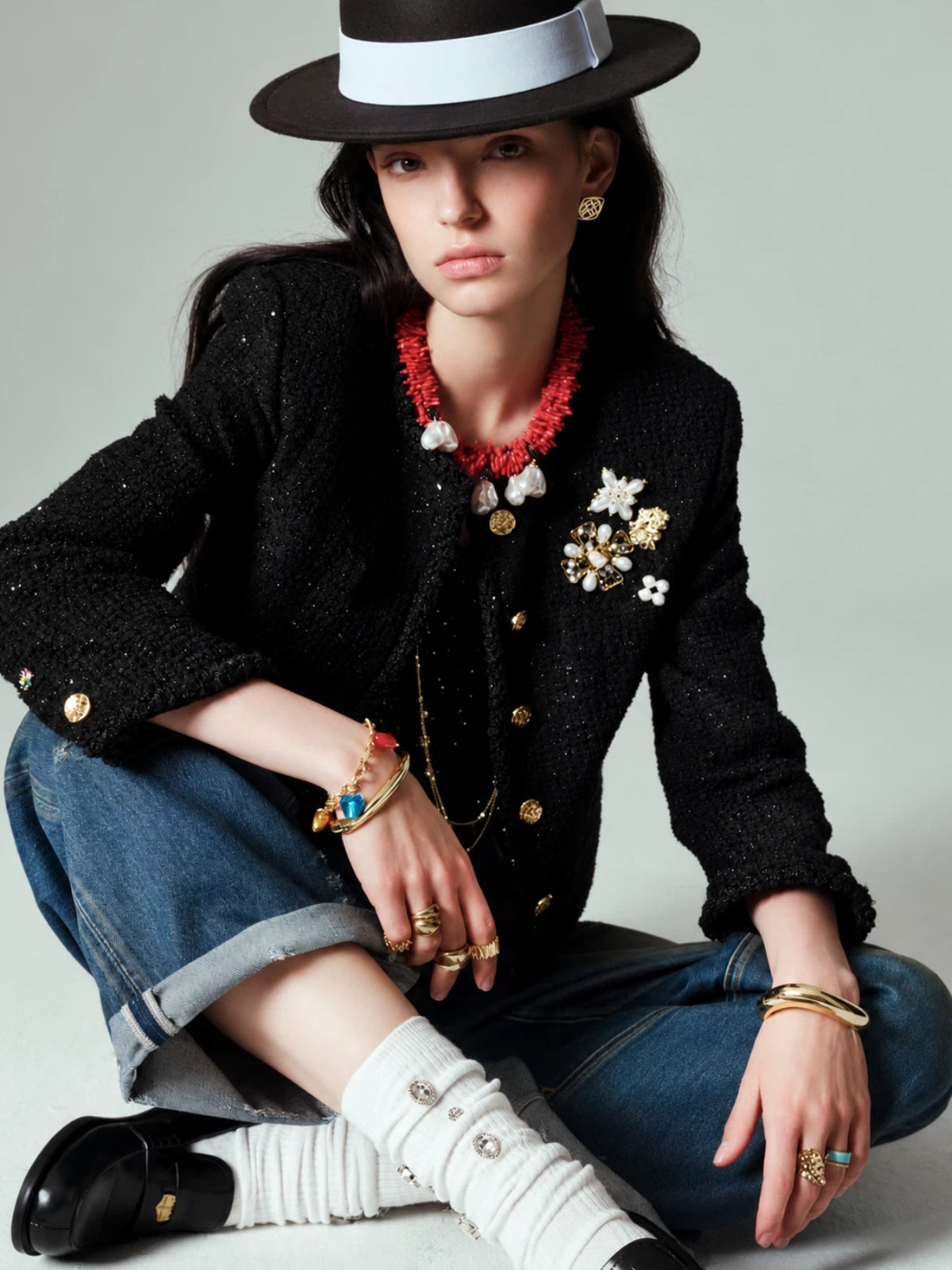 Brooch-Decor Glitter Tweed Cropped Chaqueta