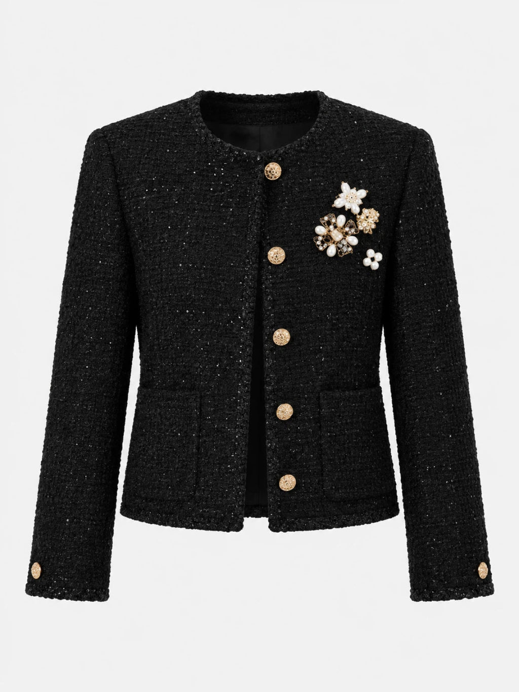 Brooch-Decor Glitter Tweed Cropped Chaqueta